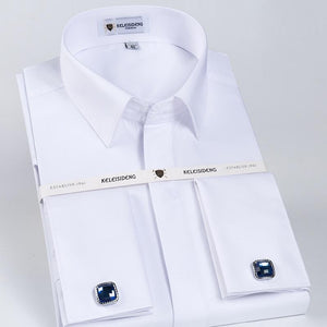 Men's Solid White Slim Fit French Cuff Twill Dress