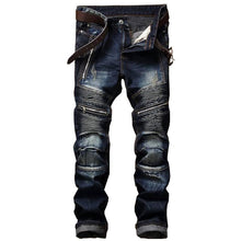 Load image into Gallery viewer, Men&#39;s Pleated Biker Jeans Pants Slim Fit