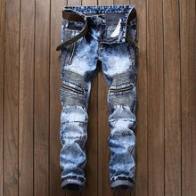 Load image into Gallery viewer, Men&#39;s Pleated Biker Jeans Pants Slim Fit