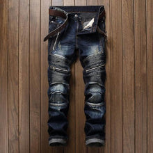 Load image into Gallery viewer, Men&#39;s Pleated Biker Jeans Pants Slim Fit