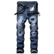 Load image into Gallery viewer, Men&#39;s Pleated Biker Jeans Pants Slim Fit