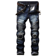 Load image into Gallery viewer, Men&#39;s Pleated Biker Jeans Pants Slim Fit