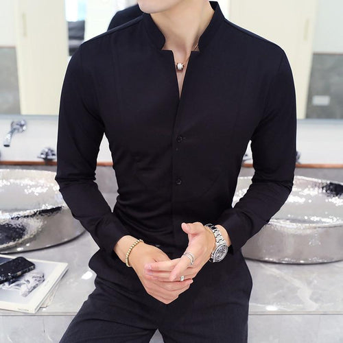 Fall Winter Stand Collar Mens Long-sleeved Dress Shirts Black