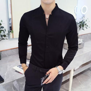 Fall Winter Stand Collar Mens Long-sleeved Dress Shirts Black