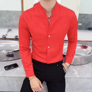 Fall Winter Stand Collar Mens Long-sleeved Dress Shirts Black