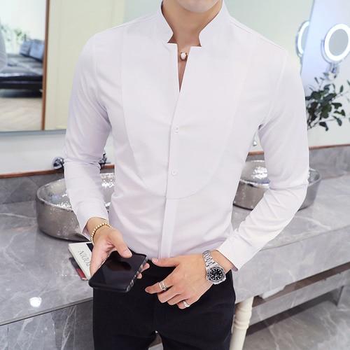 Fall Winter Stand Collar Mens Long-sleeved Dress Shirts Black