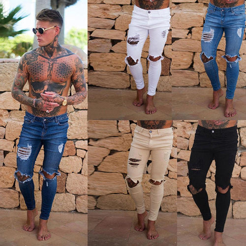 NEW Men Stretchy Ripped Skinny Biker Jeans