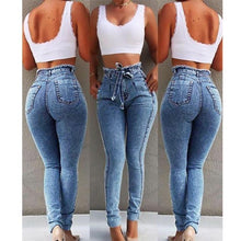 Load image into Gallery viewer, High Waist Jeans For Women Slim Stretch Denim Jean Bodycon Tassel Belt Bandage Skinny Push Up Jeans Woman